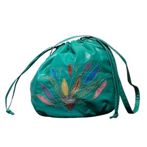 Embroidered Bucket Bag Y2K Boho Floral Shoulder‎ Purse Drawstring Faux Leather